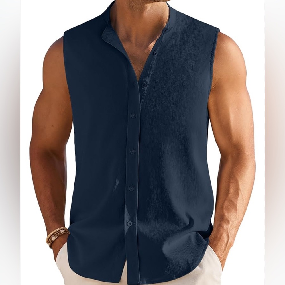 Coofandy Men's Beach Sleeveless Navy Button-Up Shirt, NWT’s, Size XL